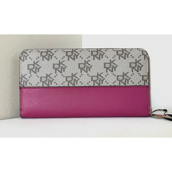 New DKNY Boxed Bryant Large Zip Around Continental Wallet Khaki / Neon Pink - Picture 2 of 5